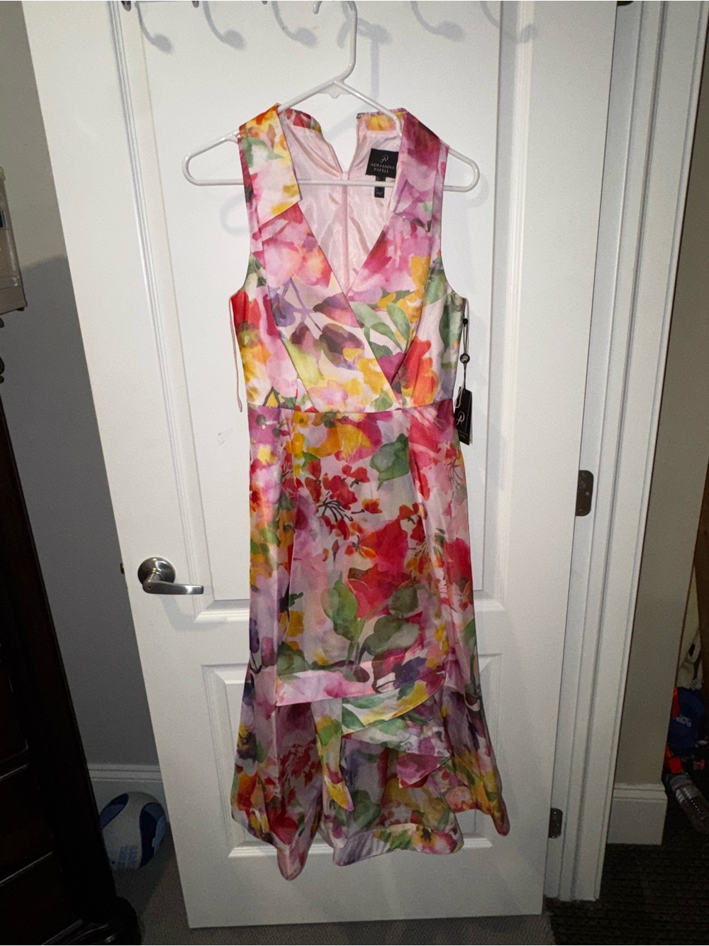 Adrianna Papell Pink Multi Floral High-Low V-Neck Dress